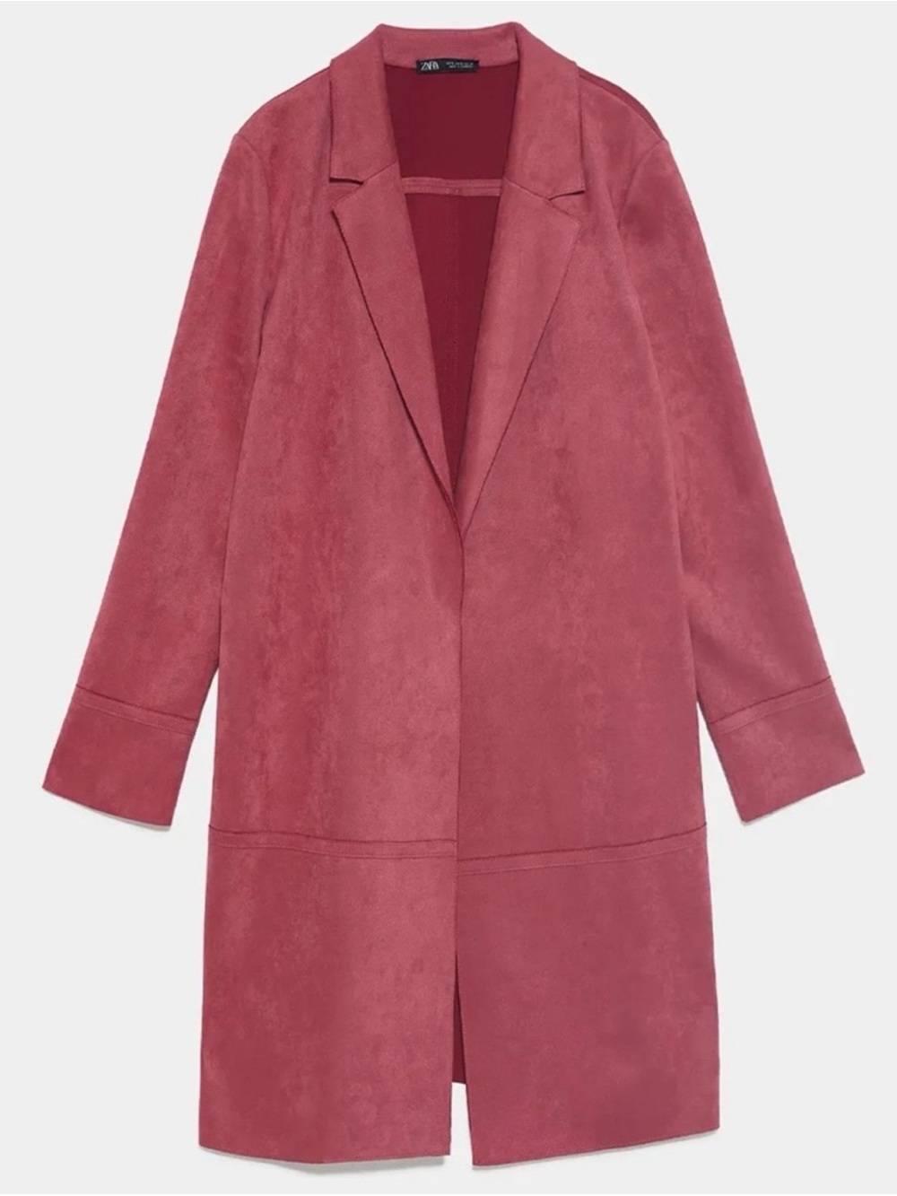 Zara Suede Look Longline Open-Front Duster Coat in Dusty Pink - Size XS